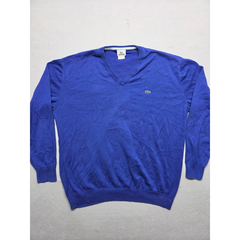 Lacoste Mens V-Neck Cotton Sweater Royal Blue Size 7 F8425 Logo Knit Pullover